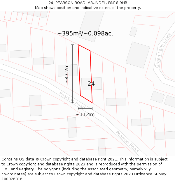 24, PEARSON ROAD, ARUNDEL, BN18 9HR: Plot and title map