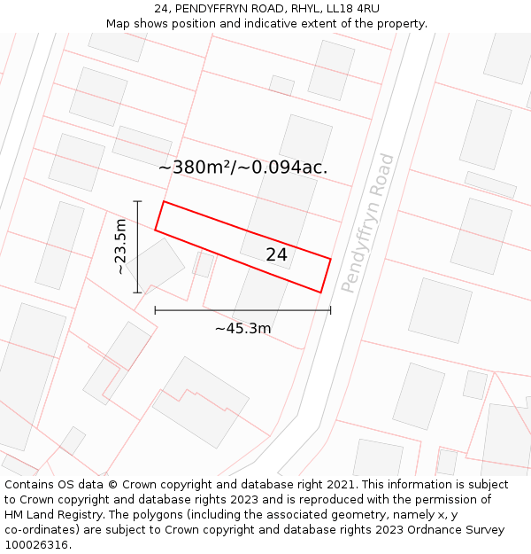 24, PENDYFFRYN ROAD, RHYL, LL18 4RU: Plot and title map