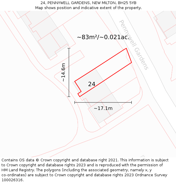 24, PENNYWELL GARDENS, NEW MILTON, BH25 5YB: Plot and title map