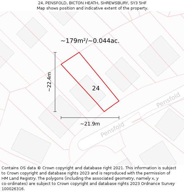 24, PENSFOLD, BICTON HEATH, SHREWSBURY, SY3 5HF: Plot and title map