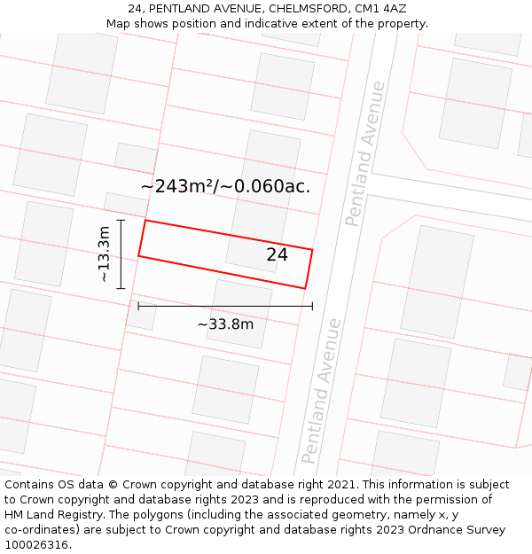 24, PENTLAND AVENUE, CHELMSFORD, CM1 4AZ: Plot and title map