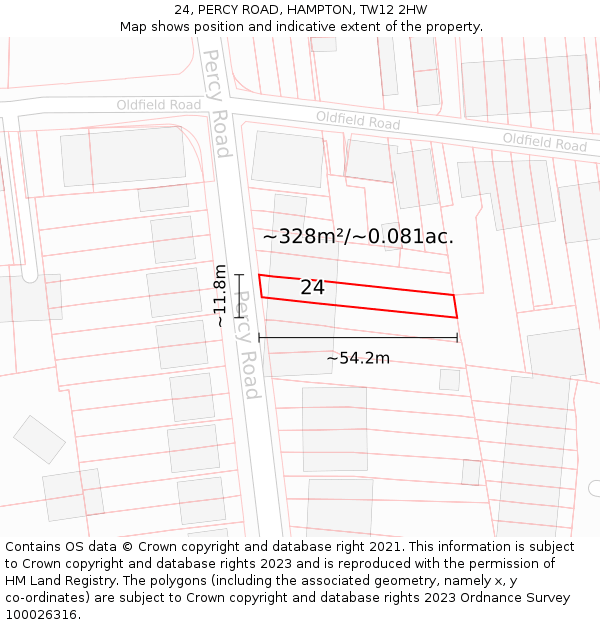 24, PERCY ROAD, HAMPTON, TW12 2HW: Plot and title map