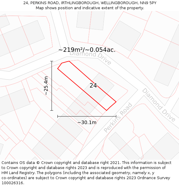 24, PERKINS ROAD, IRTHLINGBOROUGH, WELLINGBOROUGH, NN9 5PY: Plot and title map