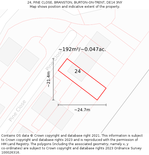 24, PINE CLOSE, BRANSTON, BURTON-ON-TRENT, DE14 3NY: Plot and title map