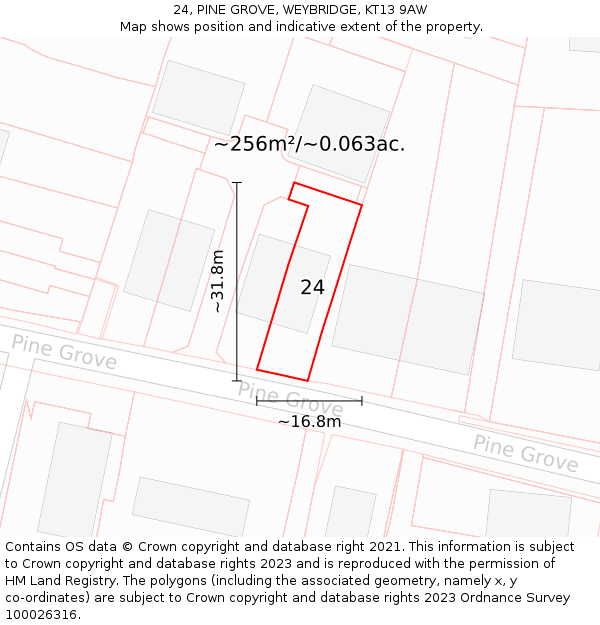 24, PINE GROVE, WEYBRIDGE, KT13 9AW: Plot and title map