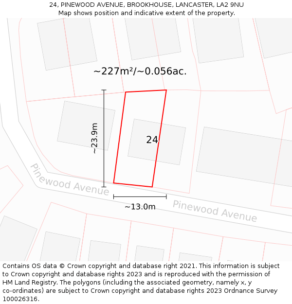 24, PINEWOOD AVENUE, BROOKHOUSE, LANCASTER, LA2 9NU: Plot and title map