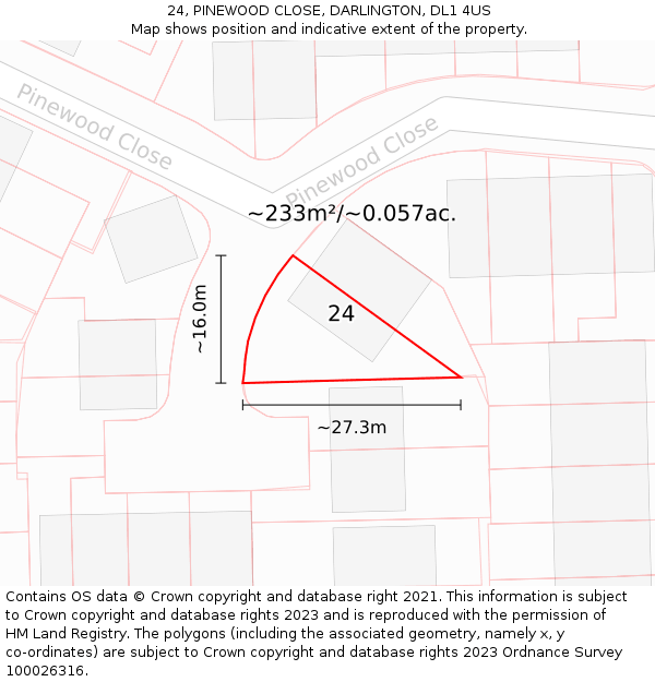 24, PINEWOOD CLOSE, DARLINGTON, DL1 4US: Plot and title map