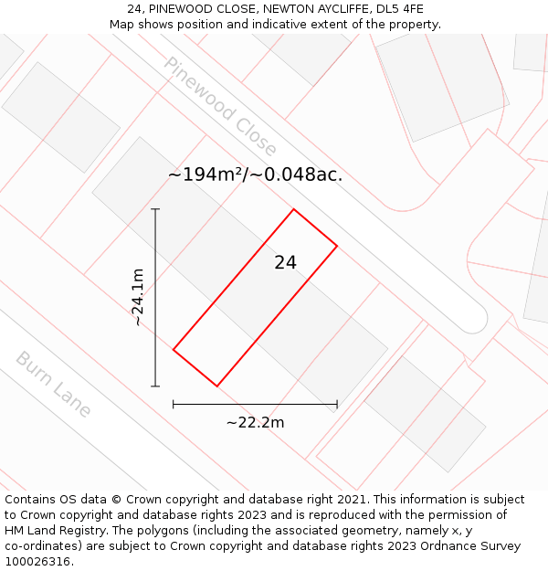 24, PINEWOOD CLOSE, NEWTON AYCLIFFE, DL5 4FE: Plot and title map