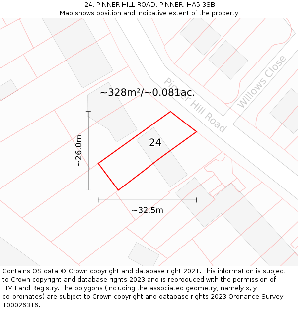 24, PINNER HILL ROAD, PINNER, HA5 3SB: Plot and title map