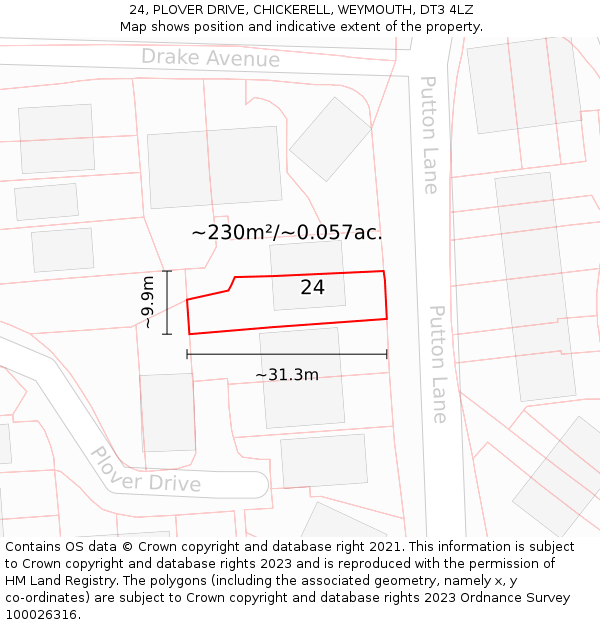 24, PLOVER DRIVE, CHICKERELL, WEYMOUTH, DT3 4LZ: Plot and title map