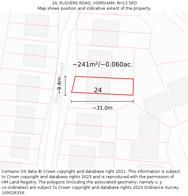 24, PLOVERS ROAD, HORSHAM, RH13 5PD: Plot and title map