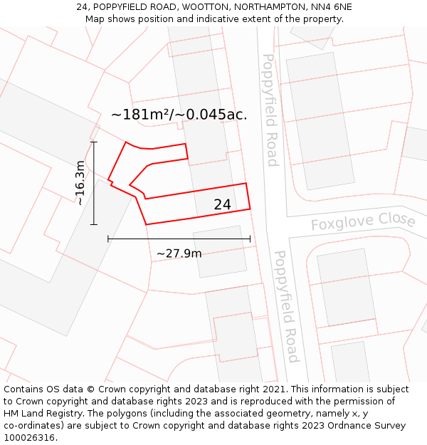 24, POPPYFIELD ROAD, WOOTTON, NORTHAMPTON, NN4 6NE: Plot and title map