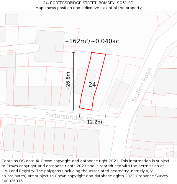 24, PORTERSBRIDGE STREET, ROMSEY, SO51 8DJ: Plot and title map
