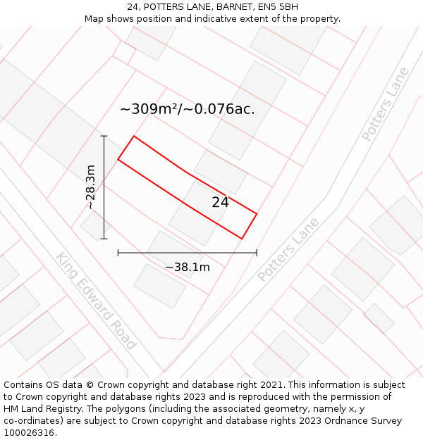 24, POTTERS LANE, BARNET, EN5 5BH: Plot and title map