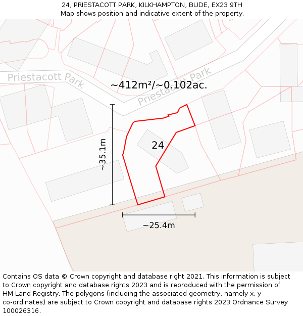 24, PRIESTACOTT PARK, KILKHAMPTON, BUDE, EX23 9TH: Plot and title map