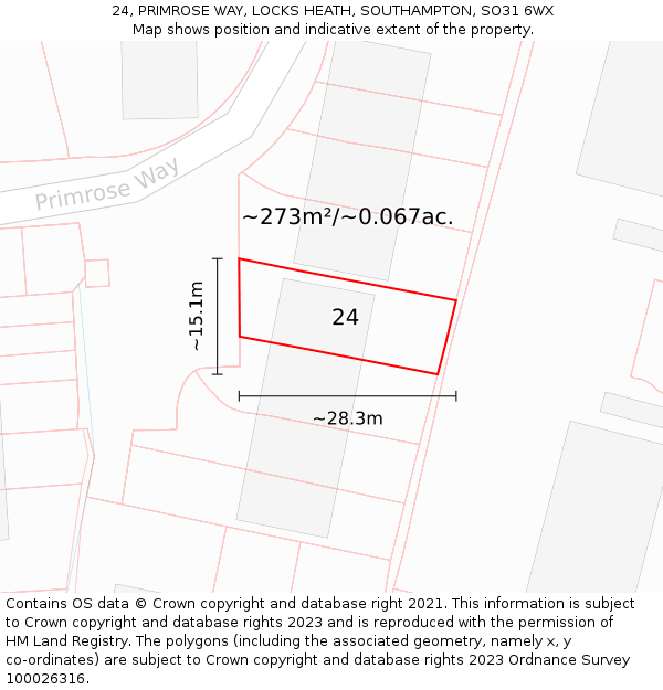 24, PRIMROSE WAY, LOCKS HEATH, SOUTHAMPTON, SO31 6WX: Plot and title map