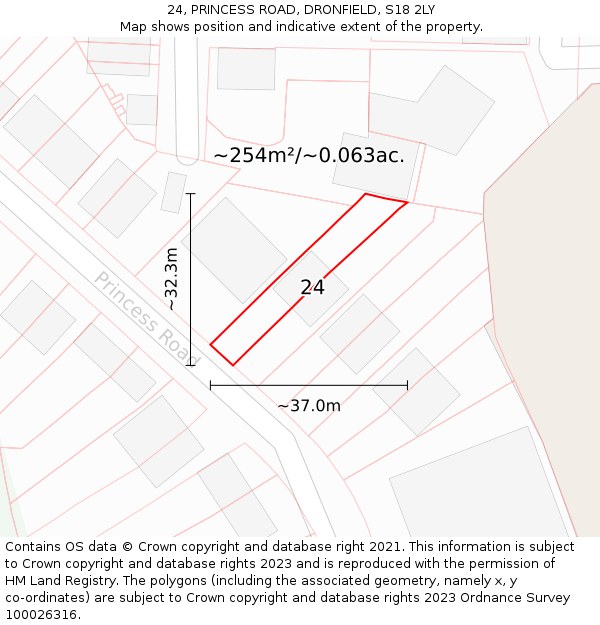 24, PRINCESS ROAD, DRONFIELD, S18 2LY: Plot and title map