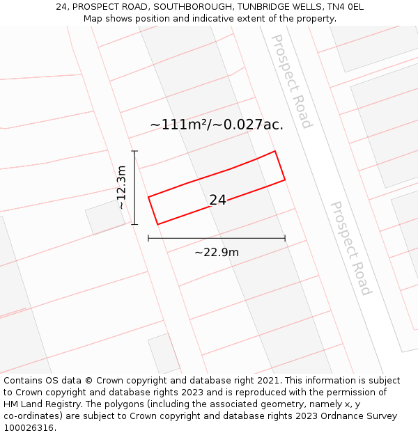 24, PROSPECT ROAD, SOUTHBOROUGH, TUNBRIDGE WELLS, TN4 0EL: Plot and title map