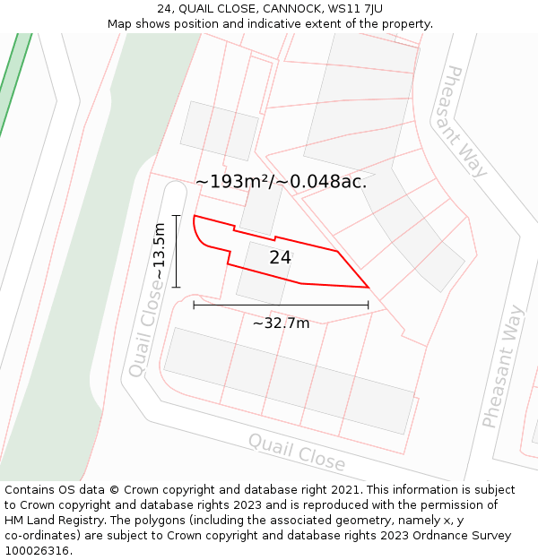 24, QUAIL CLOSE, CANNOCK, WS11 7JU: Plot and title map