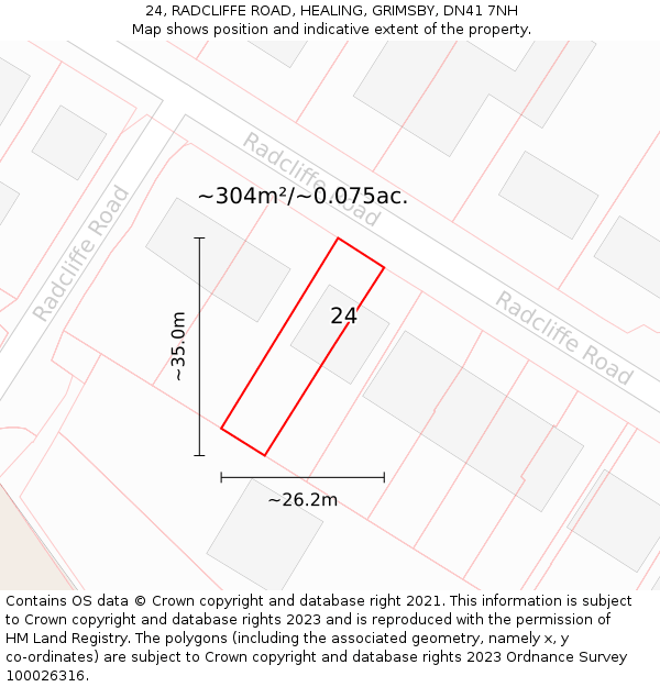 24, RADCLIFFE ROAD, HEALING, GRIMSBY, DN41 7NH: Plot and title map