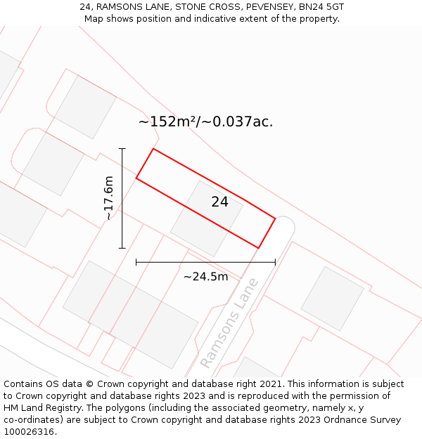 24, RAMSONS LANE, STONE CROSS, PEVENSEY, BN24 5GT: Plot and title map