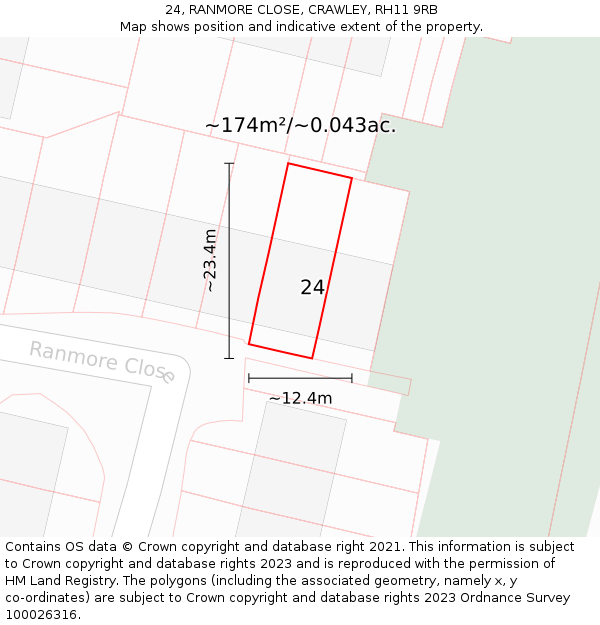 24, RANMORE CLOSE, CRAWLEY, RH11 9RB: Plot and title map