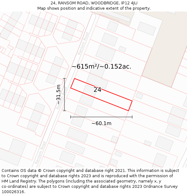 24, RANSOM ROAD, WOODBRIDGE, IP12 4JU: Plot and title map