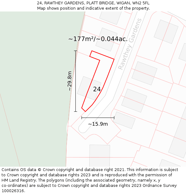 24, RAWTHEY GARDENS, PLATT BRIDGE, WIGAN, WN2 5FL: Plot and title map