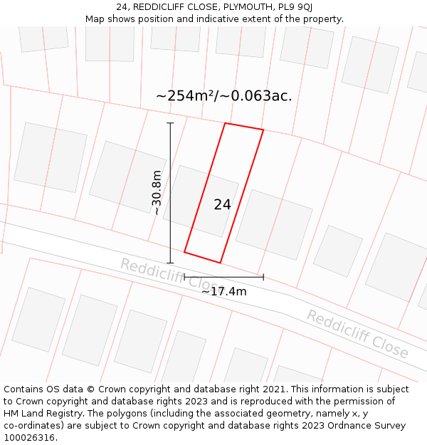 24, REDDICLIFF CLOSE, PLYMOUTH, PL9 9QJ: Plot and title map