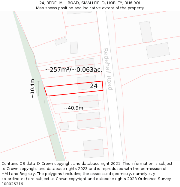 24, REDEHALL ROAD, SMALLFIELD, HORLEY, RH6 9QL: Plot and title map