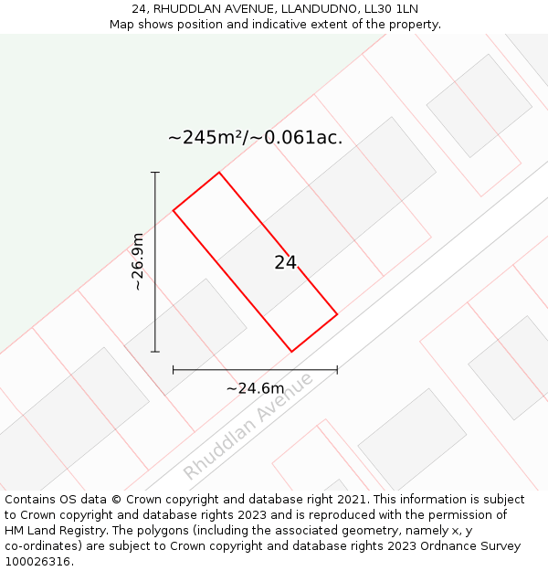 24, RHUDDLAN AVENUE, LLANDUDNO, LL30 1LN: Plot and title map