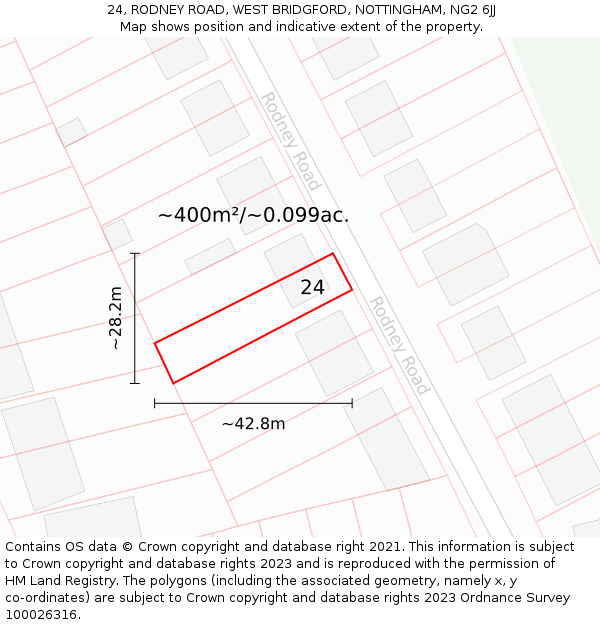 24, RODNEY ROAD, WEST BRIDGFORD, NOTTINGHAM, NG2 6JJ: Plot and title map