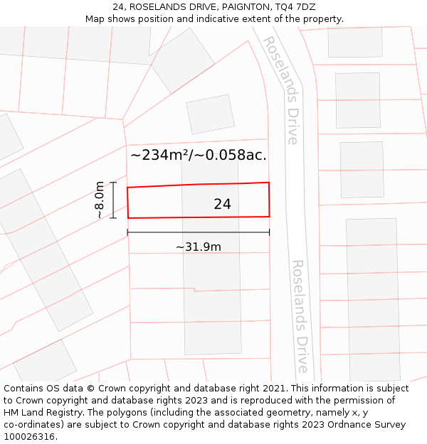 24, ROSELANDS DRIVE, PAIGNTON, TQ4 7DZ: Plot and title map