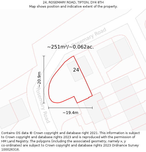 24, ROSEMARY ROAD, TIPTON, DY4 8TH: Plot and title map