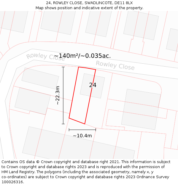 24, ROWLEY CLOSE, SWADLINCOTE, DE11 8LX: Plot and title map