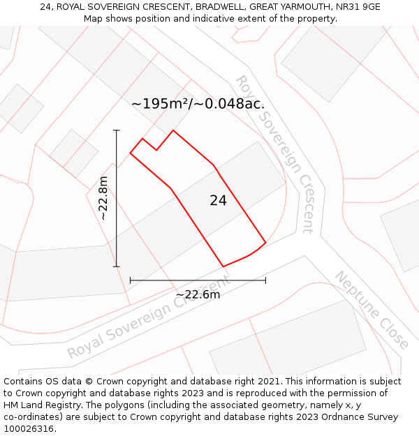 24, ROYAL SOVEREIGN CRESCENT, BRADWELL, GREAT YARMOUTH, NR31 9GE: Plot and title map
