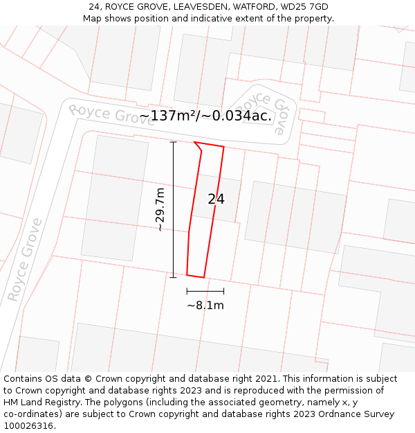 24, ROYCE GROVE, LEAVESDEN, WATFORD, WD25 7GD: Plot and title map