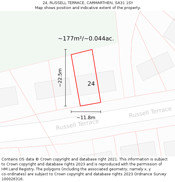 24, RUSSELL TERRACE, CARMARTHEN, SA31 1SY: Plot and title map