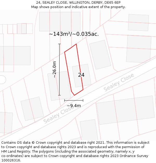 24, SEALEY CLOSE, WILLINGTON, DERBY, DE65 6EP: Plot and title map