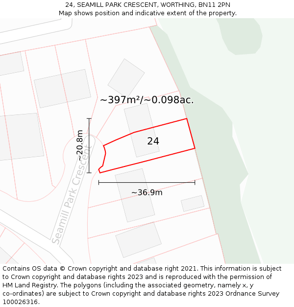 24, SEAMILL PARK CRESCENT, WORTHING, BN11 2PN: Plot and title map