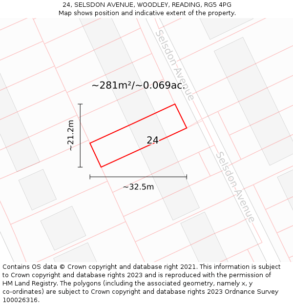 24, SELSDON AVENUE, WOODLEY, READING, RG5 4PG: Plot and title map