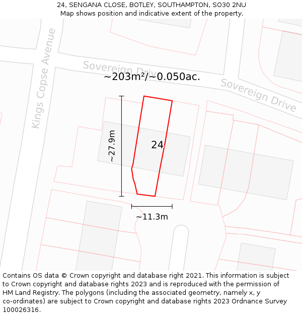 24, SENGANA CLOSE, BOTLEY, SOUTHAMPTON, SO30 2NU: Plot and title map