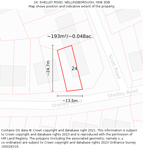 24, SHELLEY ROAD, WELLINGBOROUGH, NN8 3DB: Plot and title map