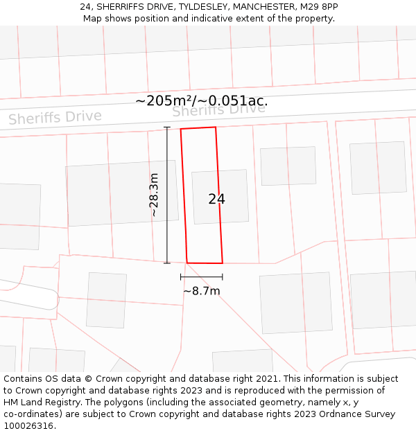 24, SHERRIFFS DRIVE, TYLDESLEY, MANCHESTER, M29 8PP: Plot and title map