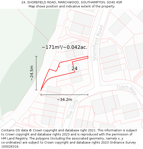 24, SHOREFIELD ROAD, MARCHWOOD, SOUTHAMPTON, SO40 4SR: Plot and title map