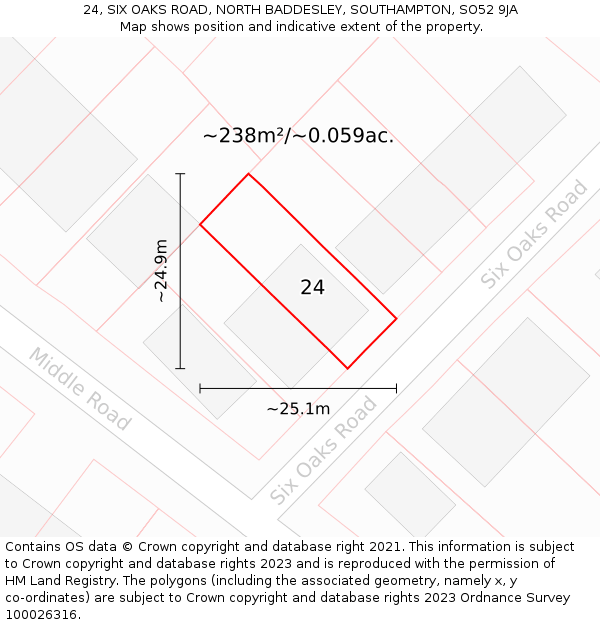 24, SIX OAKS ROAD, NORTH BADDESLEY, SOUTHAMPTON, SO52 9JA: Plot and title map