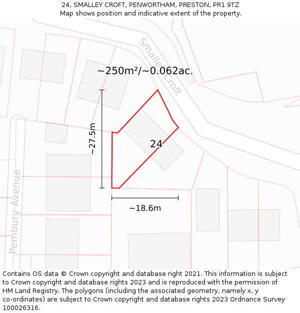 24, SMALLEY CROFT, PENWORTHAM, PRESTON, PR1 9TZ: Plot and title map