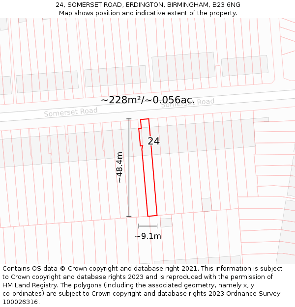 24, SOMERSET ROAD, ERDINGTON, BIRMINGHAM, B23 6NG: Plot and title map