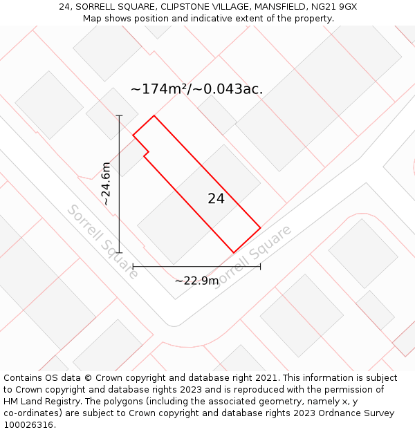 24, SORRELL SQUARE, CLIPSTONE VILLAGE, MANSFIELD, NG21 9GX: Plot and title map