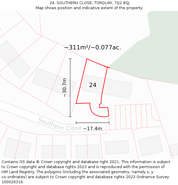 24, SOUTHERN CLOSE, TORQUAY, TQ2 8QJ: Plot and title map